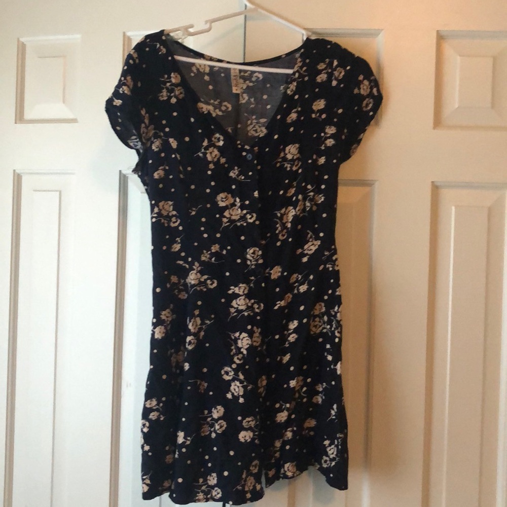 Navy blue, floral, button up, corset back, dress